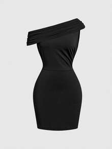 Women's Spring/Summer Off Shoulder Ruched Waist Party Dress, Fitted Sexy Black Bodycon Dress