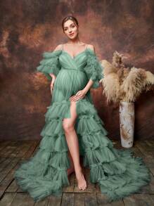 Faeriesty Dressalisa Elegant Off-Shoulder Maternity Dress, Layered Chiffon Skirt, Suitable For Baby Shower Parties And Formal Occasions | Wedding Guest Dress, Evening Gown, Bridal Luncheon Dress, Afternoon Tea Event Dress - Green - View 3