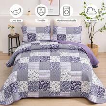 3 Pieces Purple Plaid FloralQueen King California King Size Reversible Bedspread Coverlet Set Soft Microfiber Bedding Set Pillowcase,For Wedding Items,Valentines Day Home Bed Room Decor,Mothers Day Gift,All Season - Purple Plaid Floral - 查看 2