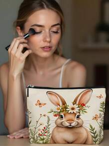 1pc Easter Rabbit Wreath, Butterfly & Letter Linen Print Cosmetic Bag, Cute Travel Makeup Pouch And Multifunctional Coin Purse, Lightweight Gift For Women