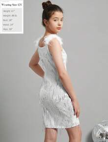 EXARUS Girls Sequin Fringe Dress Sparkling Tassel Sleeveless Bodycon/A-Line Splice Furry Strap Party Special Occasion - 銀色 - 查看 5