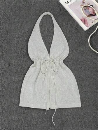 女士度假系带修身休闲针织背心毛衣