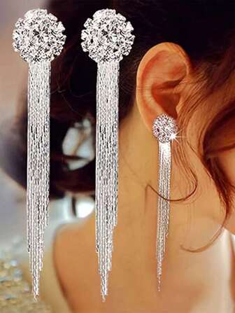 1 Pair Fashionable Crystal Tassel Earrings, Elegant Bridal Wedding Jewelry