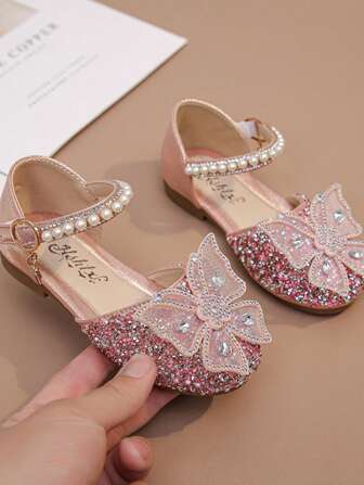 1 par moderiktiga mångsidiga rosa flickskor med pärlor och strass, söta platta sandaler, rund tå, lämpliga för vardagsbruk, dans, utomhus på vår och höst, glitterdekoration, stängd tå, prinsessskor med glitterdekoration, små i storleken och halva storleken