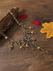 1 件男女通用骷髅头流苏项链，多层骷髅头合金装饰项链，夸张复古骷髅头流苏多层项链，适合万圣节、化装舞会、装饰 - 銅色 - 查看 4