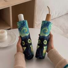 [Van Gogh Inspired, Folding Umbrella] 1pc Black Cat Pattern Folding Umbrella - Van Gogh Inspired, Casual Cute Fashion Style, Manual Open, 8 Ribs, Pongee & Iron Material, Foldable Sunshade With UV Protection