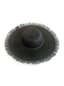 1pc Women's Outdoor Large Brim Beach Sun Hat, Woven Fluffy Trim Straw Hat, Bohemian Style Beach Hat, Summer - Straw Hat - View 12