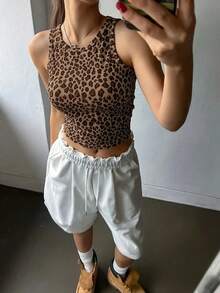 Women's Sleeveless Casual Leopard Print Fitted Cropped Top, Summer New Arrival - Khaki - View 5