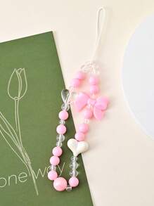 1pc Pink Sweet Butterfly Beaded Phone Lanyard, Short Decorative Cellphone Strap Accessory