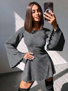 Fashionable Sexy Round Neck Solid Color Flare Sleeve Hollow Tie Up A-Line Short Dress