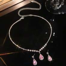 2 件套珠宝套装，包括项链和手链、水晶锆石，适合女士新娘礼服 - 銀白色 - 查看 3