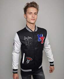 Chamarra beisbolera universitaria con bordado de New York para otoño e invierno - Negro - Ver 4