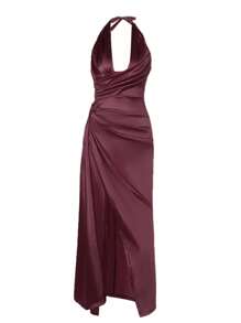 WOWDARK Women's Autumn Ruched Halter Deep V Neck Party Dress, Christmas Fashion - Burgundy - View 4