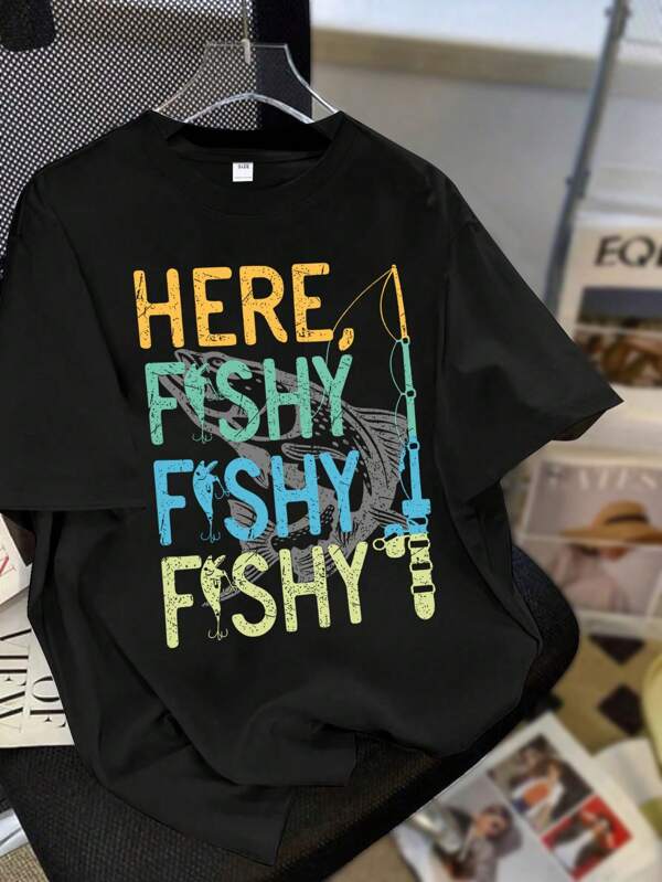 Tween Boy Casual Fishing Print Graphic Tee Shirts, Streetwear Round Neck Short Sleeve T-Shirts, Spring/Summer New Arrival