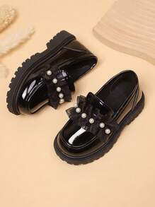 1 Pair Plus Size Fashionable & Cute Bowknot PU Faux Pearl Hook Loop Anti-Slip Wear-Resistant Comfortable Versatile Flat Round Toe Girls' Shoes, Suitable For Spring, Autumn Outdoor, Casual, Party, School Wear, Mary Jane Loafers, Run 1 Size Larger - Black - View 2