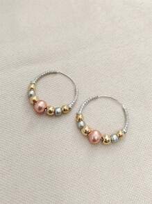 1 Pair Bohemian Style Metallic Color Beaded Hoop Earrings, Suitable For Women's Daily, Party And Travel Jewelry Gifts