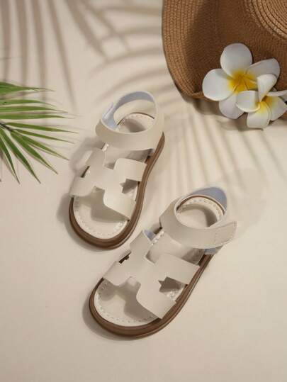 1 Pair Roman Style Sandals For Plus Size Teens & Kids, Leather Material, Adjustable Strap Design, Round Toe, Fashion & Comfortable, Suitable For Casual, Beach, 3-12 Years Old Girls