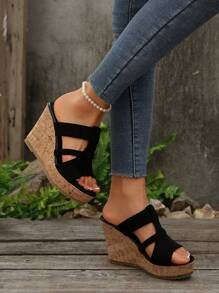 Plus Size Women's Wooden Grain Platform Peep Toe Wedge Sandals With Cutout Design