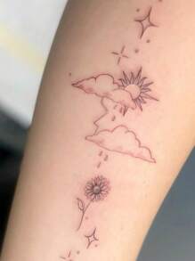 1 pieza Pegatina de tatuaje temporal lavable con diseños de dopamina, flores, nubes, estrellas, sol, adecuado para personas de moda, tatuaje falso para el brazo
