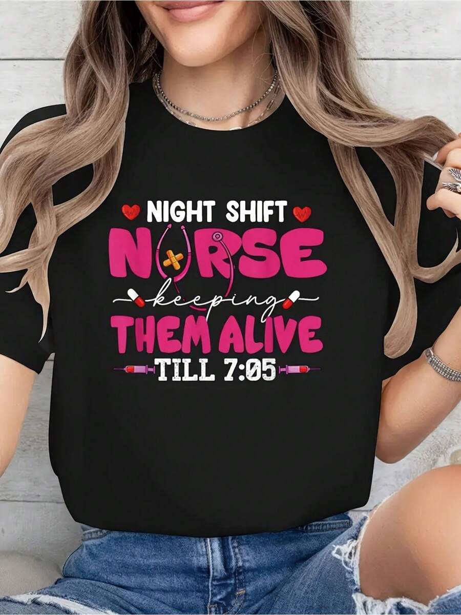 T-Shirt Casual Short Sleeve Round Neck With Playful Illustration, Perfect For Nurses - 黑色 - 查看 1