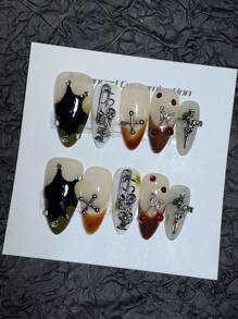 10 Pieces Of Pure Handmade Wearable Nails, Almond Nail Shape Selection, Light Bulb Cat Eye Nail Art, High Quality Elegant Simple Design Nails, Cartoon System Personalized Graffiti Jumping Color Nails, Full Coverage Fake Nails, Y2K Nails, Embossing Nails - Multicolor - View 4