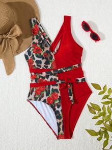 1pc Women's Red Leopard Print Sexy One-Piece Swimsuit
