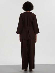 2pcs Women's Vintage Resort Loose Tie V-Neck Jacket And Casual Pants Set