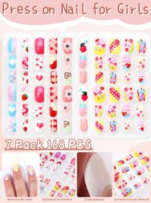 （168 件 7 包）和（24 件 1 包）儿童亚克力假指甲按压式预粘全覆盖闪光可爱春夏草莓、花朵、蝴蝶和其他元素短款儿童粘贴式假指甲套装适合儿童小女孩 - 可爱的春夏花园主题 - 彩色 - 查看 4