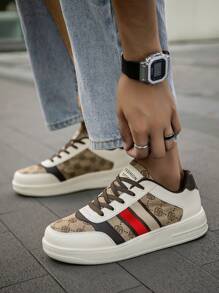 （尺码偏小）男士棕色复古随机印花系带休闲运动鞋，简约条纹撞色户外情侣运动鞋 - 米棕 - 查看 11