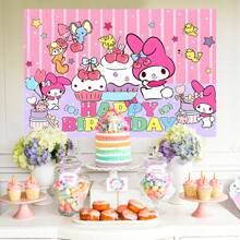 Sanrio 1PC Cute And Sweet Pink Cherry Melody Birthday Theme Party Background Fabric Decoration -82.7 * 5.1/59.1 * 39.4/39.4 * 29.5 Inches, Kawaii Cherry Dessert Cake Star Melody Pink Stripe Photography Background Birthday Party Decoration Supplies Newborn Shower Theme Party Cake Table Banner Decoration Photo Booth Studio Props