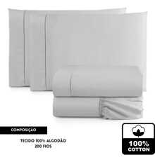 4-Piece King Size Sheet Set, Double Queen Size Percale, 200 Thread Count, 100% Plain Cotton, With Elastic, Soft Touch - 灰色的 - 查看 3