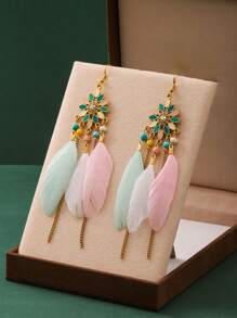 Vintage Boho Feather Tassel Drop Long Earrings For Women - Multicolor - View 6