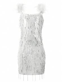 EXARUS Girls Sequin Fringe Dress Sparkling Tassel Sleeveless Bodycon/A-Line Splice Furry Strap Party Special Occasion - 銀色 - 查看 1