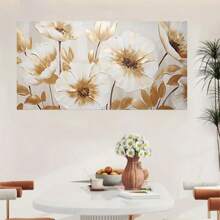 1 件复古纹理白金花朵印刷帆布画，简约大气的白色和金色花朵植物海报墙艺术，适用于客厅卧室装饰，无框架