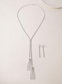 3 件套奢华时尚婚礼派对风格流苏吊坠钻石项链耳环首饰套装，开斋节礼物宴会婚礼舞会首饰 - 銀色LNS0460 - 查看 4