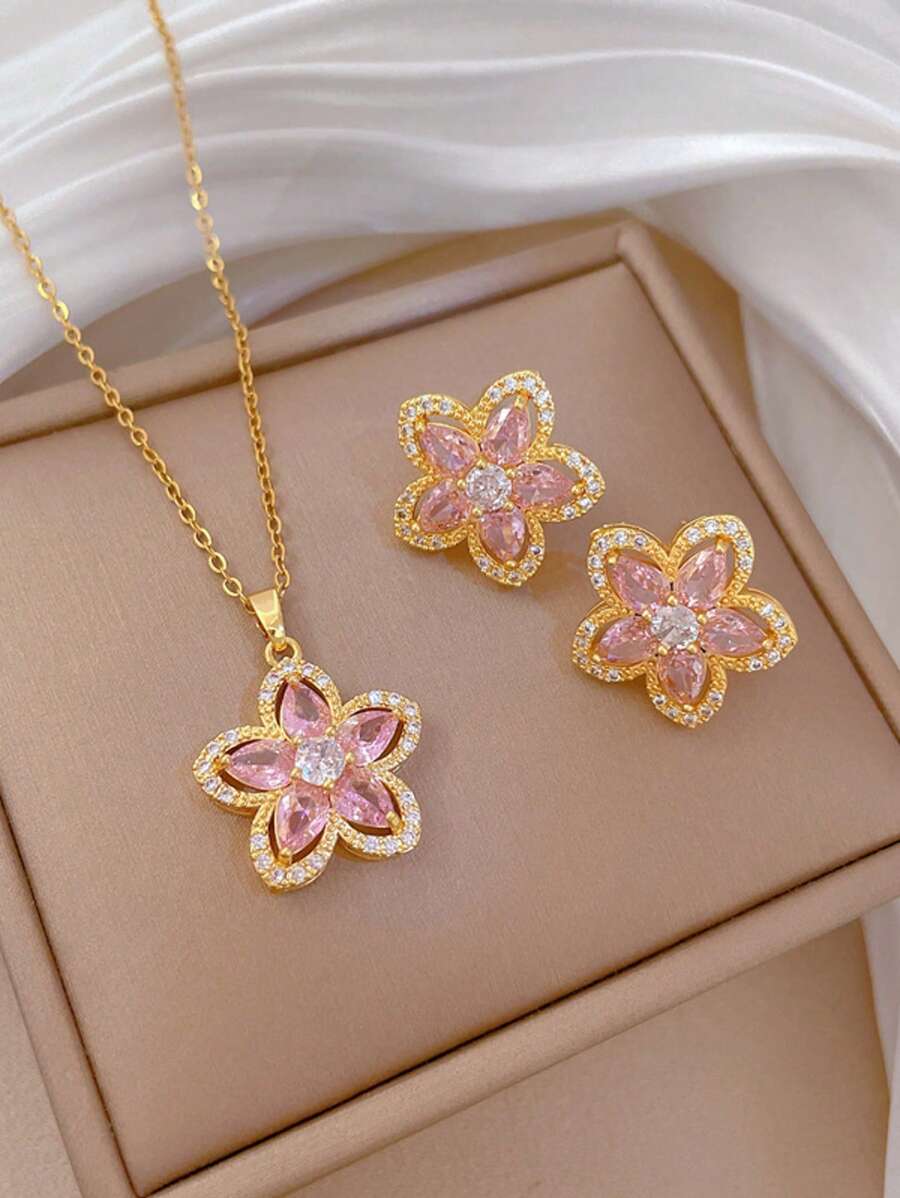 1 Set de collar y aretes de acero inoxidable con cadena y micropincelado de cobre, accesorios de joyería de lujo con rhinestones cuadrados personalizados para fiestas como regalo - Rosa - Ver 1