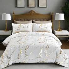 3 Pieces Black/White Gold Metallic Marble Comforter Set Queen King Foil Print Glitter Bedding Sets With 2 Pillowcases For All Seasons, Soft Microfiber Filling Bedding Duvet Set,Home Decor Bedroom Decor Bed Comforter Set Mothers Day Gift Wedding Decoration. - 白色 - 查看 2