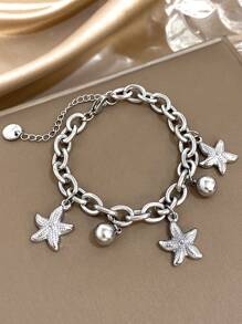 1 pièce Bracelet chaîne de perles en forme d'étoile de mer en acier inoxydable doré, bracelet empilable pour femme. Bijou de fête quotidienne pour anniversaire, Noël