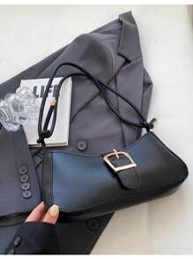 Versatile Minimalist PU Plain Buckle Shoulder Bag, Simple And Fashionable - Black - View 4