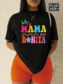 大码女式休闲字母印花 T 恤 LA MAMA MAS BONITA 图案 T 恤女式上衣 - 黑色 - 查看 1