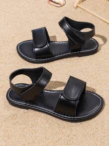 1 Pair Kids Summer Adjustable Hook&Loop Flat Casual Sandals, Fashionable Outdoor Beach Shoes - Black - View 4