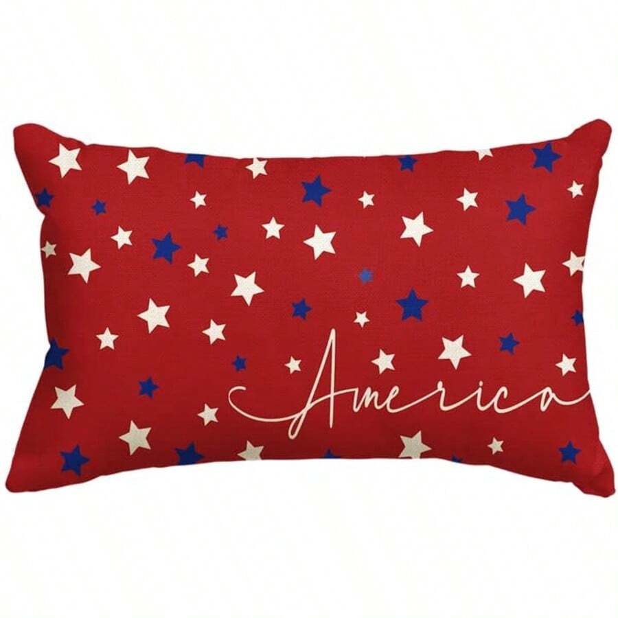 1pc 4th Of July Patriotic Theme Pillowcase, American Star Pattern Single-Sided Sofa Cushion Cover, Pillow Insert Not Included - Red - View 1