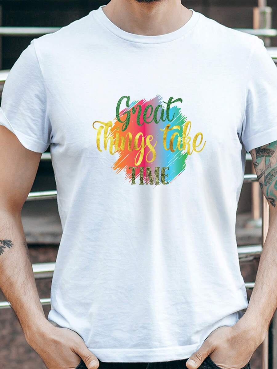 Fashionable Colorful Letter Graffiti Printed T-Shirt, Suitable For Outdoor Activities And Comfortable Daily Wear, T Shirt Men Is An Excellent Gift Choice
