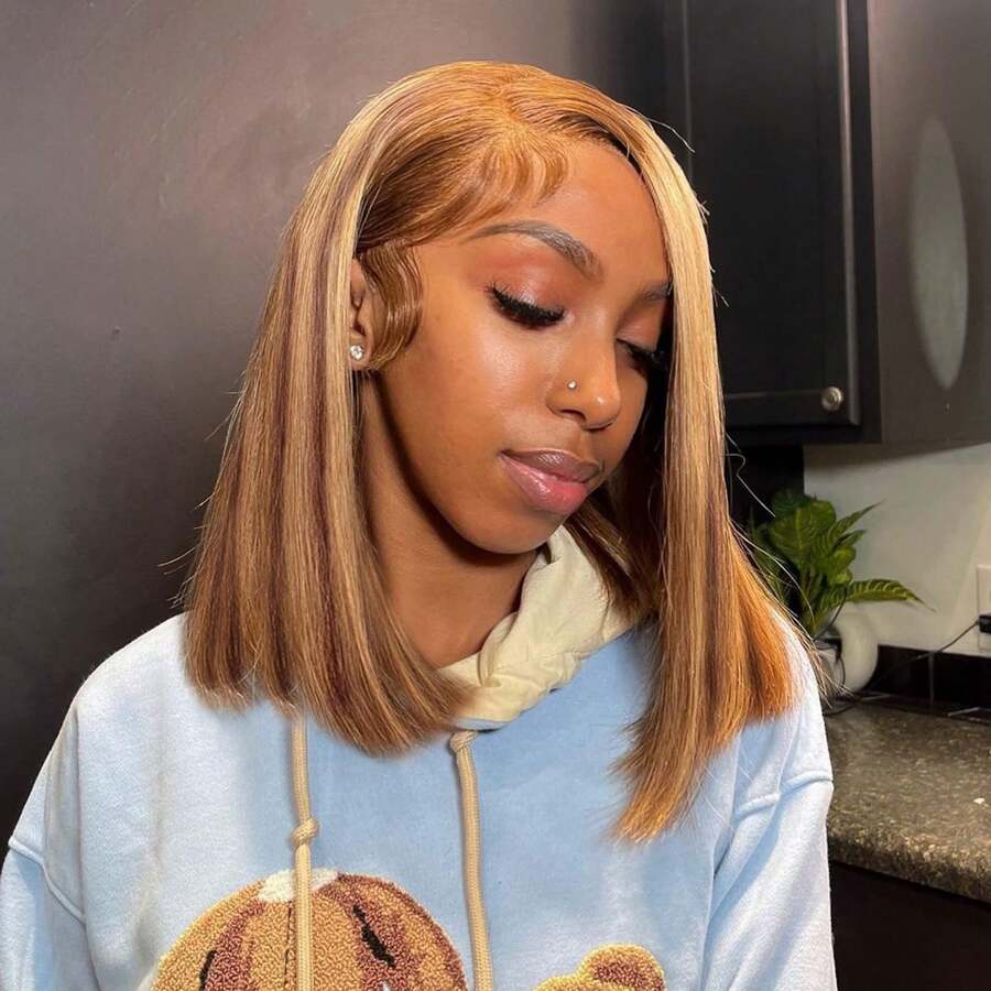 Highlight Lace Front Bob Wig Human Hair 14 Inch Ombre Honey Blonde 13x4 Hd Lace Front Wigs Human Hair Pre Plucked Middle Part 4/27 Colored Lace Frontal Wigs(14 Inch, 4/27 Highlight) - SP4/27 - 查看 1
