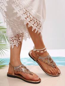 Women's Rhinestone Decor Thong Flat Sandals, Summer Bohemian Beach Shoes