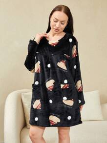 Camisón de Invierno para Mujer, Pijamas de Polar con Manga Larga, Cuello Redondo y Estampado, Dobladillo Largo(Recomendado para personas de 50 kg,No se limita al color mostrado en la imagen) - Multicolor - Ver 6