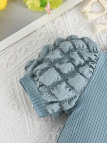 2件套女婴可爱新款泡泡袖连体衣，搭配印花短裤和发带，夏季休闲装 - 藍色 - 查看 4