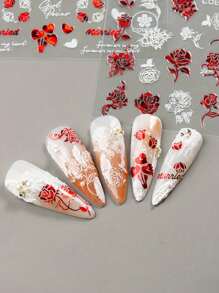 Red Heart Cartoon Acrylic Nail Decals, Red And White Heart Nail Decals, Self-Adhesive Heart Nail Decals, Hearts, Roses, Lips, Couple Design Nail Decals, Love Design Nail Decals For Nail Decoration, Self-Adhesive Nail Products, Nail Decoration