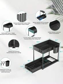 带可拆卸抽屉的 2 层水槽下收纳架、厨房水槽柜储物架、多功能浴室梳妆台架 - 黑色、容量大、坚固、节省空间、最大化存储、水槽整理的理想选择