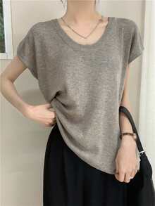 女士新款 U 领柔软针织毛衣上衣，夏季